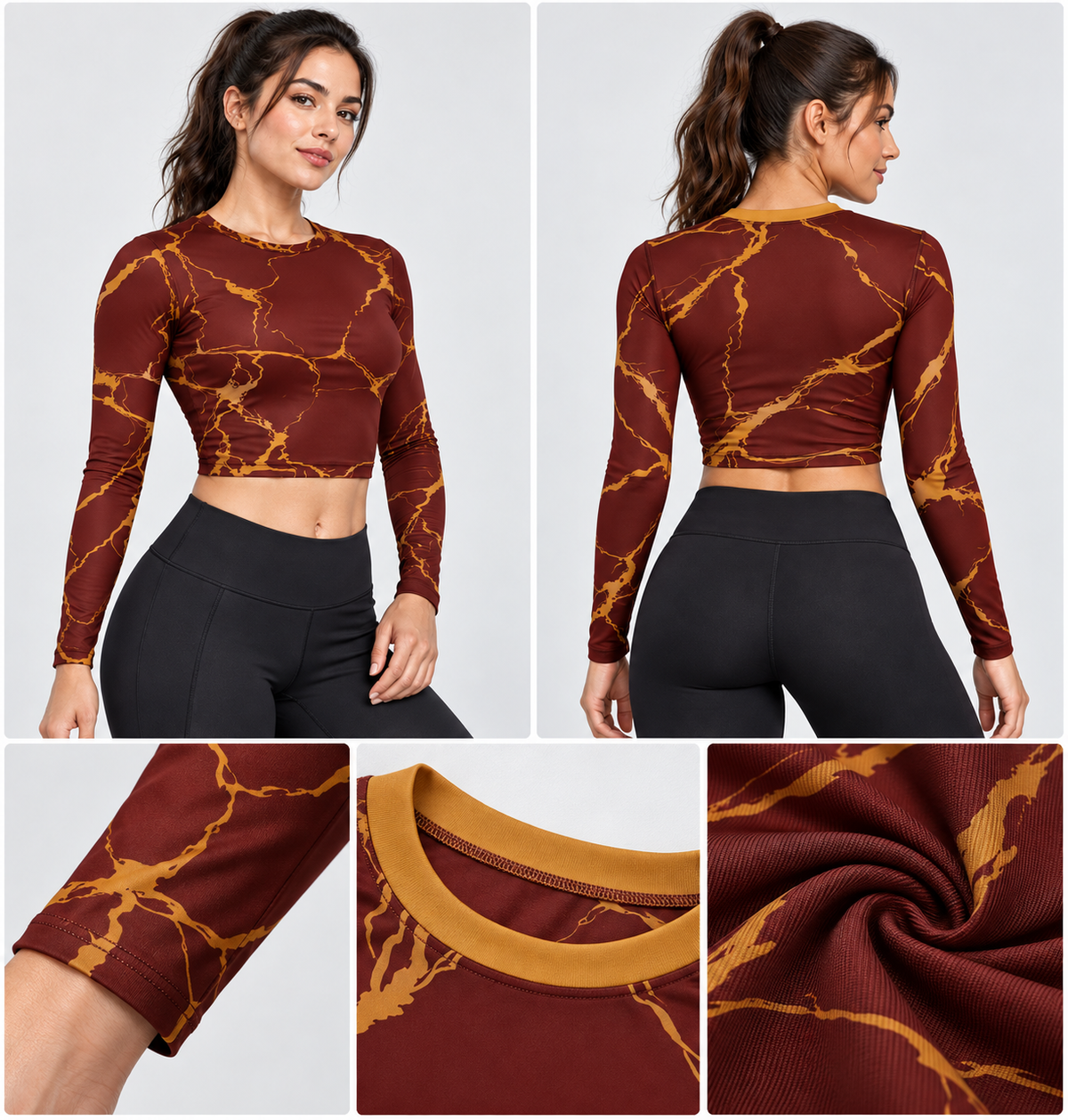 Maroon Luxe Full Sleeve Crop Top – All-Over Maroon & Gold Print | Women's | Indipeepal