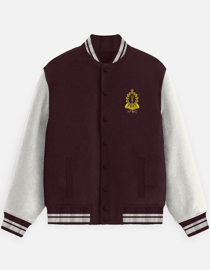 AFMC varsity jacket in maroon with embroidered Armed Forces Medical College crest – army doctor alumni gift | Indipeepal