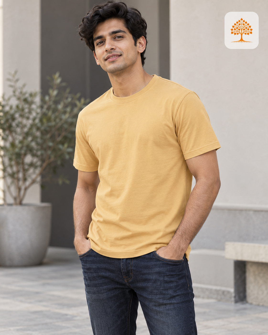 Beige Classic Crew Round Neck T-Shirt Male Model – Indipeepal Plain Cotton Unisex India