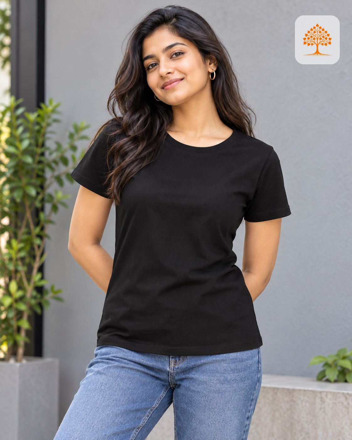 Black Women's Classic Crew T-Shirt Female Model – Indipeepal 100% Cotton India