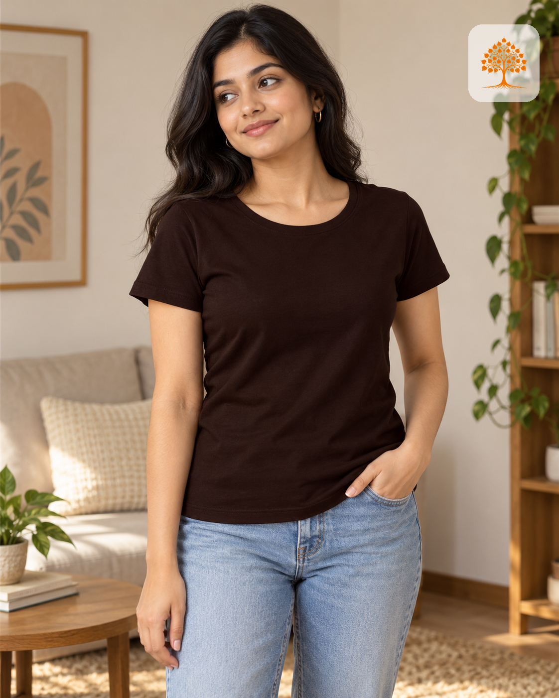Coffee Brown Women's Classic Crew T-Shirt Female Model – Indipeepal 100% Cotton India