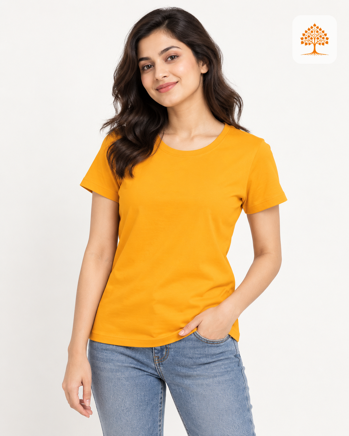 Golden Yellow Women's Classic Crew T-Shirt Female Model – Indipeepal 100% Cotton India