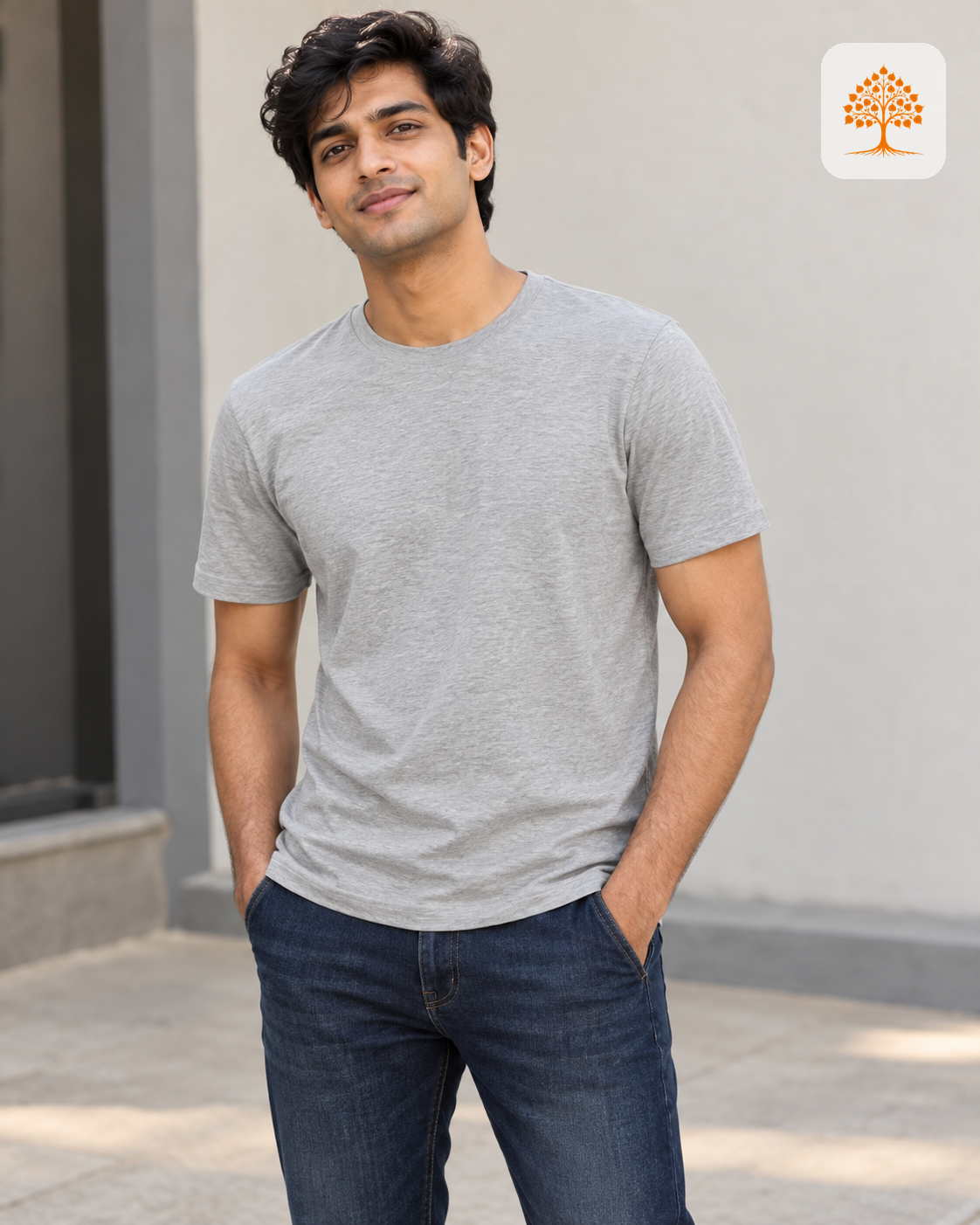 Grey Melange Classic Crew Round Neck T-Shirt Male Model – Indipeepal Plain Cotton Unisex India