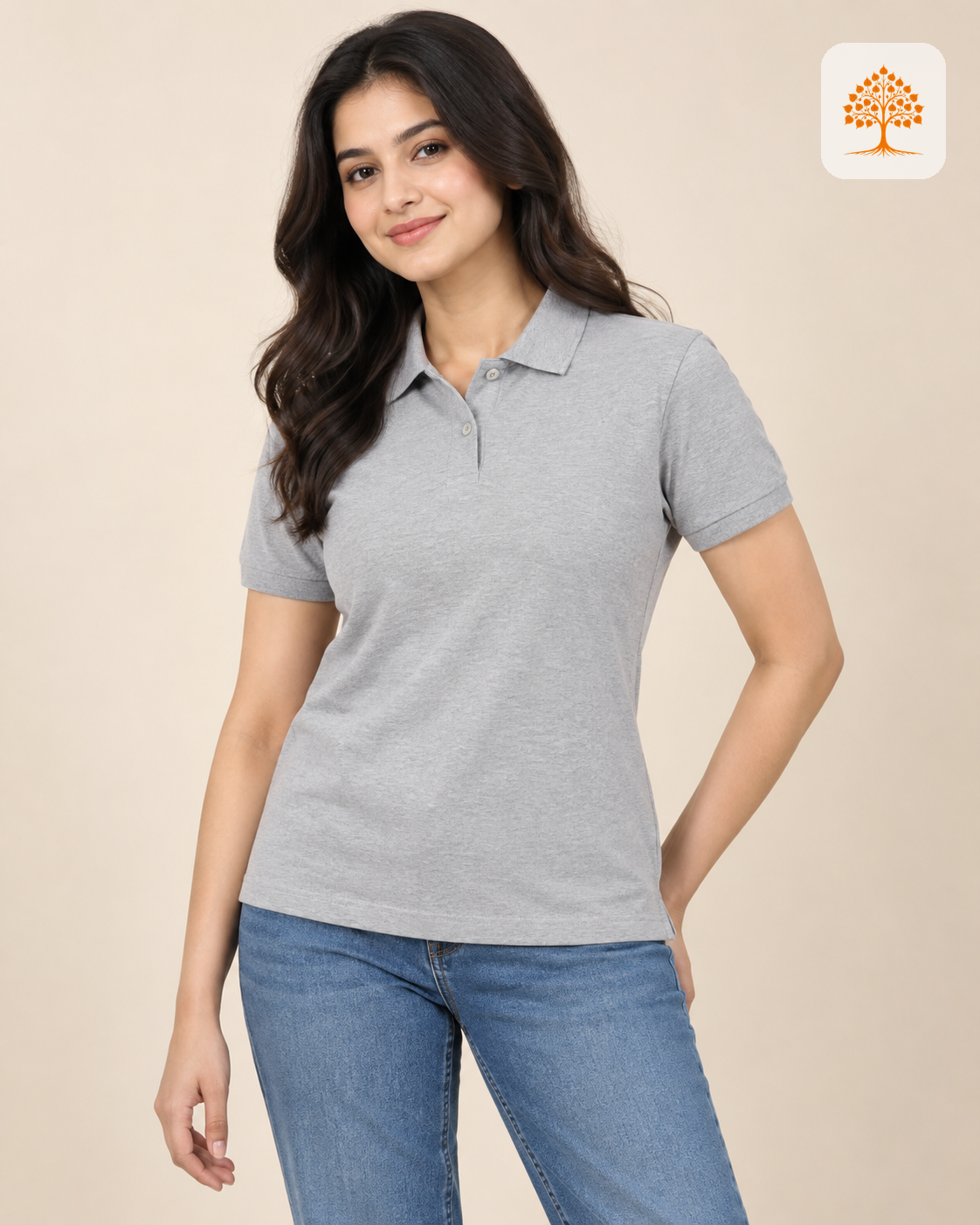 Grey Melange Plain Polo T-Shirt Female Model – Indipeepal Unisex Solid Polo India