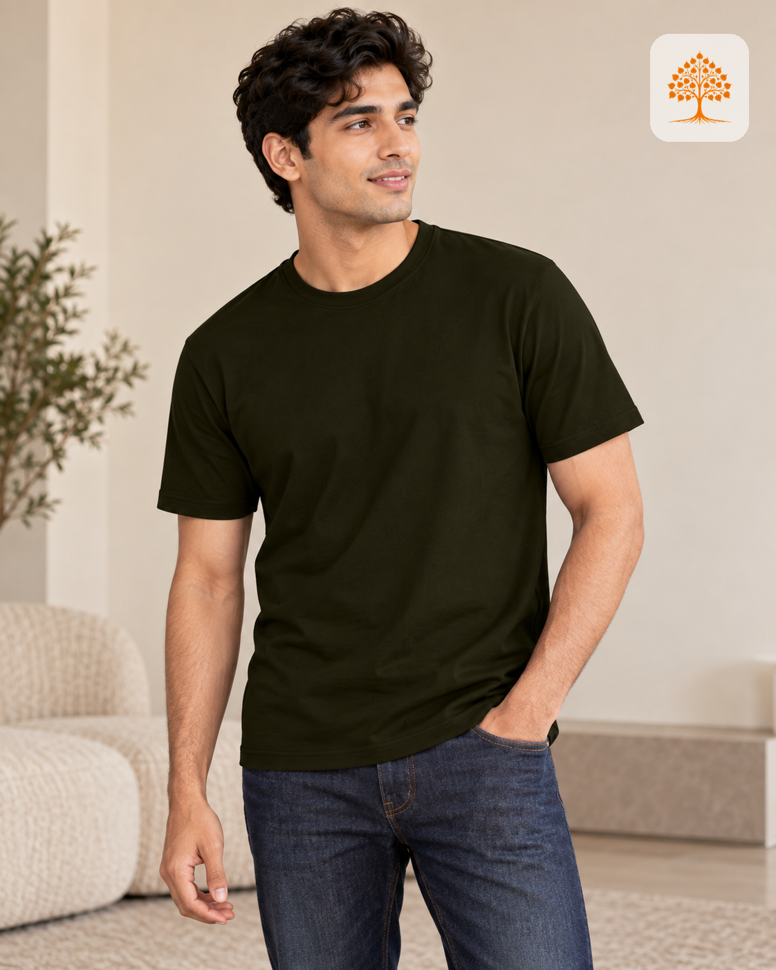 Olive Green Round Neck T-Shirt – Classic Crew | 100% Cotton | Unisex | Indipeepal