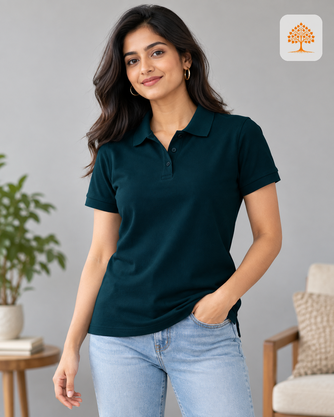 Petrol Blue Plain Polo T-Shirt Female Model – Indipeepal Unisex Solid Polo India