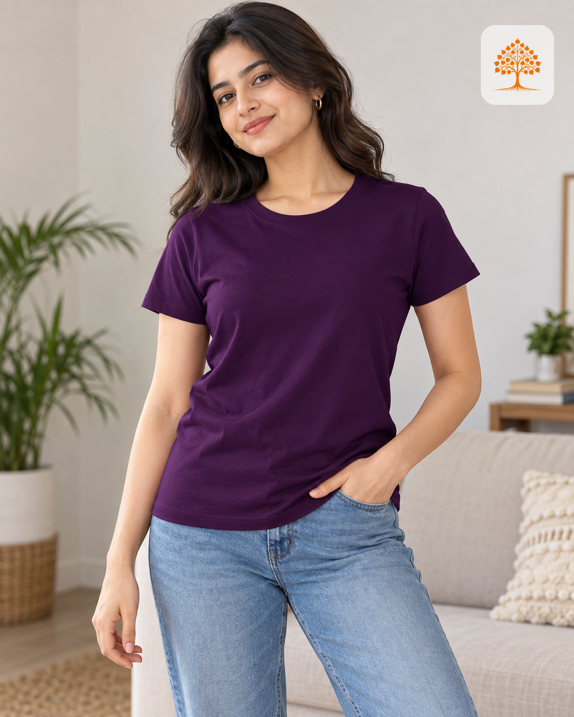 Purple Women's Classic Crew T-Shirt Female Model – Indipeepal 100% Cotton India