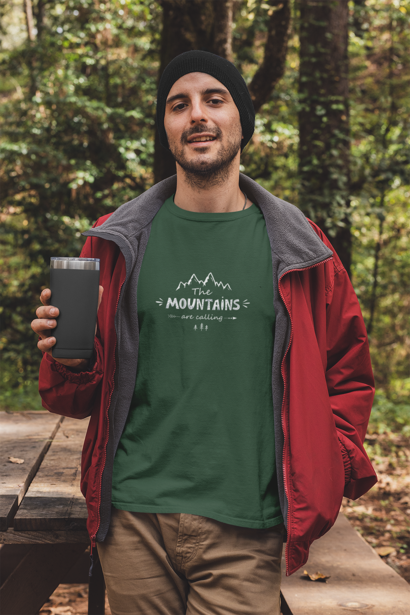 Mountains Are Calling unisex round neck t-shirt in bottle green – travel trekking tee | Indipeepal