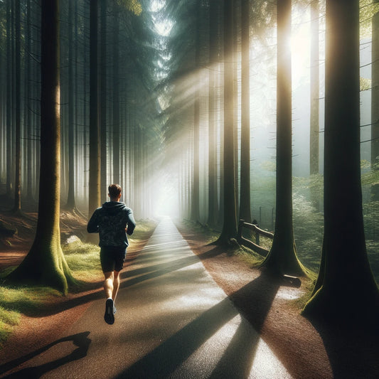 Serene forest running trail in early morning mist — running as meditation and mental therapy