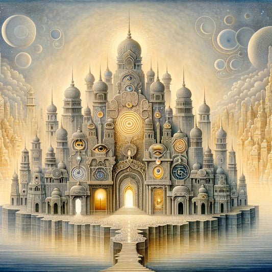Ancient mystical city illustration representing the body’s eleven gates from the Upanishads — mindful living and spiritual growth