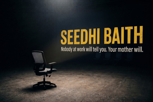 An empty, unadjusted office chair under a single overhead light, with the caption "Seedhi Baith" — desk posture, office ergonomics and work life in India