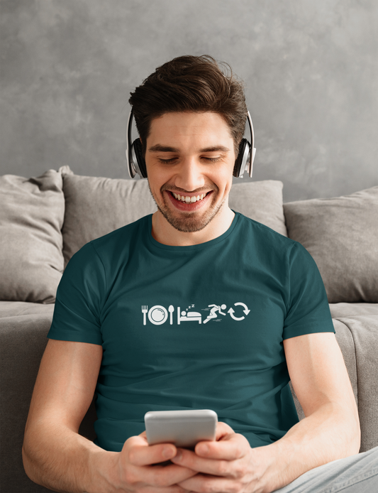 Man listening to music at home, dressed casually — morning fitness motivation for beginners