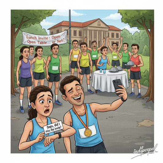 Runners sharing a meal together after a group run — post-run lunch drama and running community humor in India