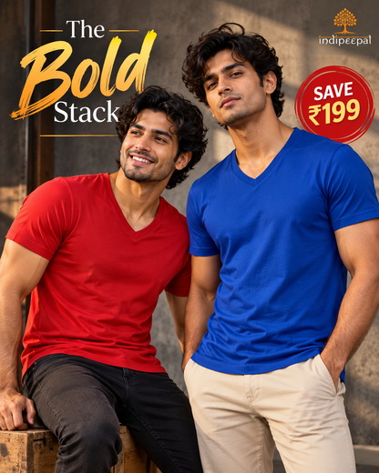 The Bold Stack – Red + Royal Blue | V-Neck Bundle | Save ₹199
