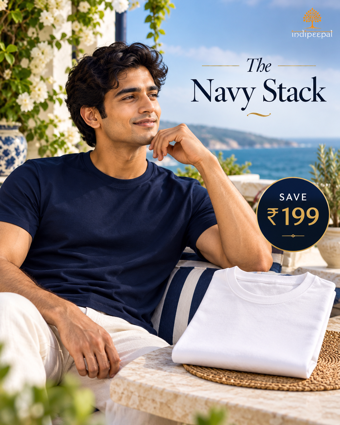 The Navy Stack ⚓ – White + Navy Blue | Round Neck Bundle | Save ₹199