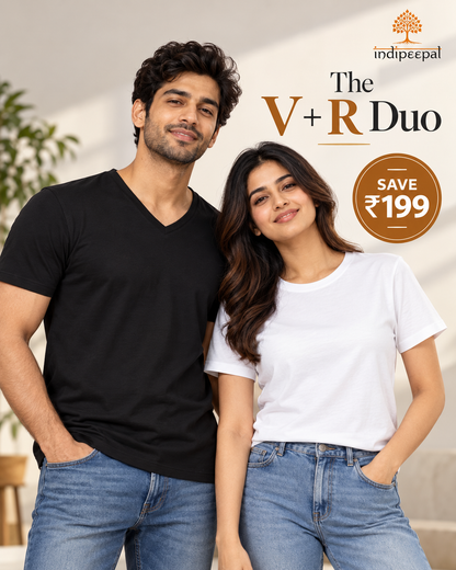 The V+R Duo – Black V-Neck + White Round Neck | His & Hers Bundle | Save ₹199