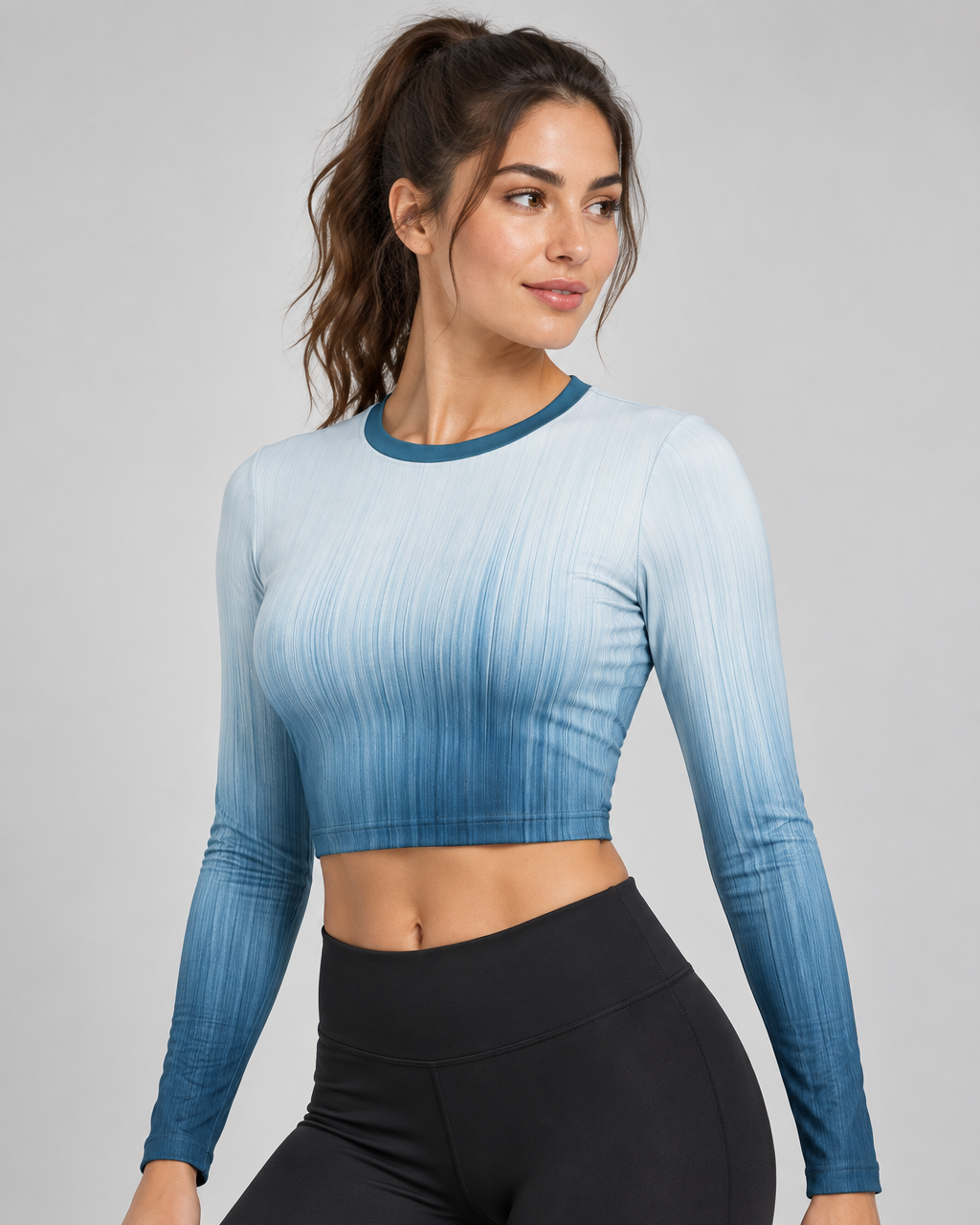 Rainfall Blue Full Sleeve Crop Top – All-Over Ombré Print | Women's | Indipeepal
