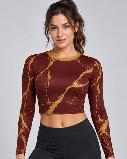 Maroon Luxe Full Sleeve Crop Top – All-Over Maroon & Gold Print | Women's | Indipeepal
