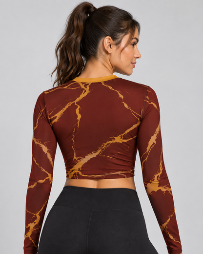Maroon Luxe Full Sleeve Crop Top – All-Over Maroon & Gold Print | Women's | Indipeepal