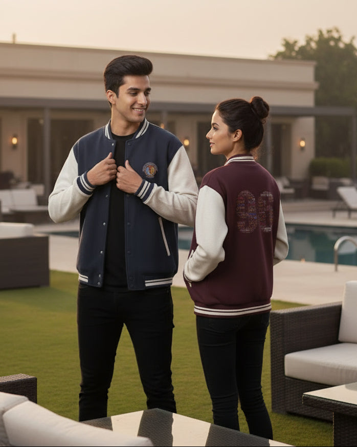 Two people wearing BITS Pilani Varsity jackets indoors with a blurred background