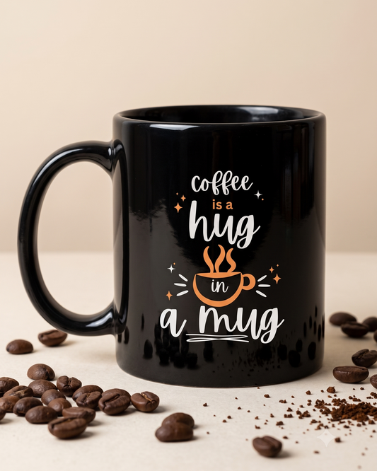 A glossy black ceramic coffee mug with a white and orange graphic that reads 'coffee is a hug in a mug' surrounded by scattered coffee beans and coffee grounds on a beige surface.