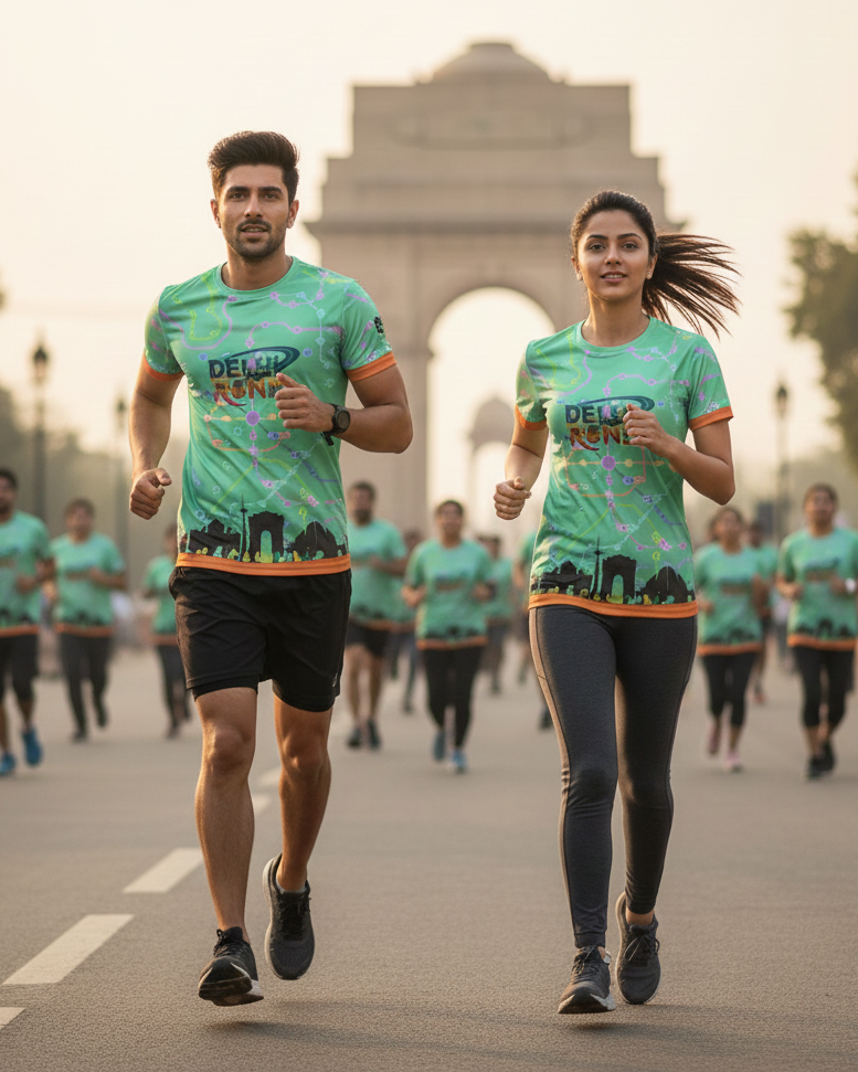 Two runners in matching green shirts with Delhi Runners logo on a road with other runners in the background.