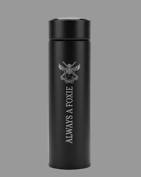 Black Insulated Water Bottle with Always a Foxie and NDA Crest laser engraved on it.