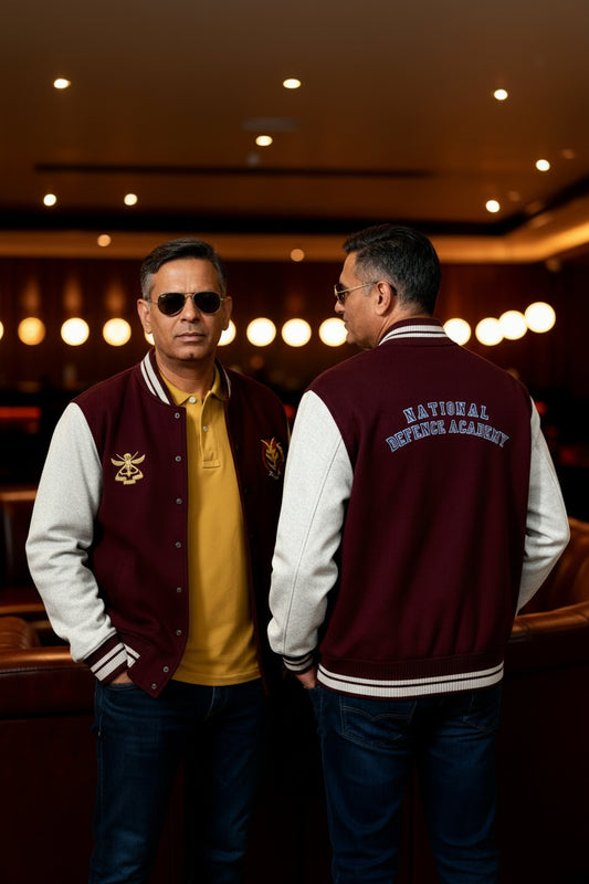 Two men wearing maroon and white Foxtrot Squadron NDA varsity  jackets in a dimly lit room.