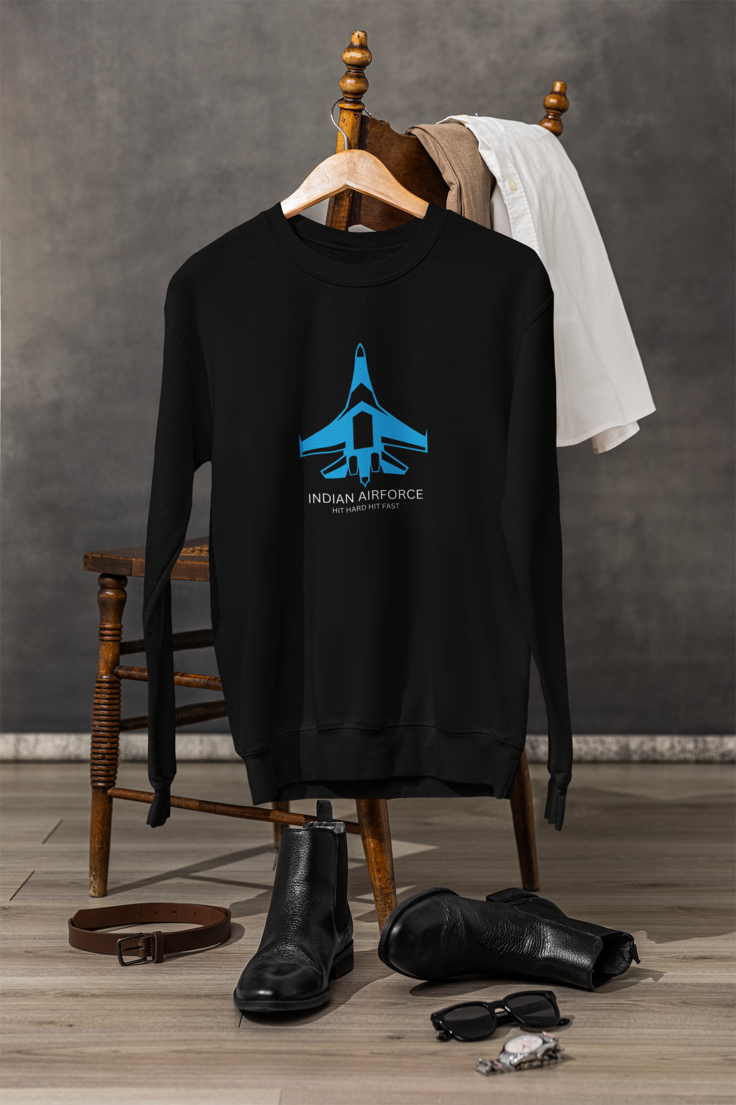 Indian Air Force jet design unisex sweatshirt in black – IAF patriotic gift for air force veterans | Indipeepal