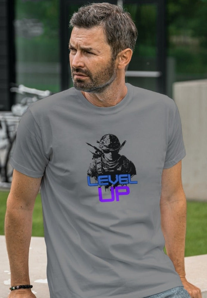 Level Up grey melange army-inspired motivational t-shirt – growth mindset graphic tee | Indipeepal