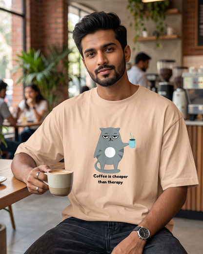 Peach round neck T-shirt with Coffee Therapy design for coffee lovers