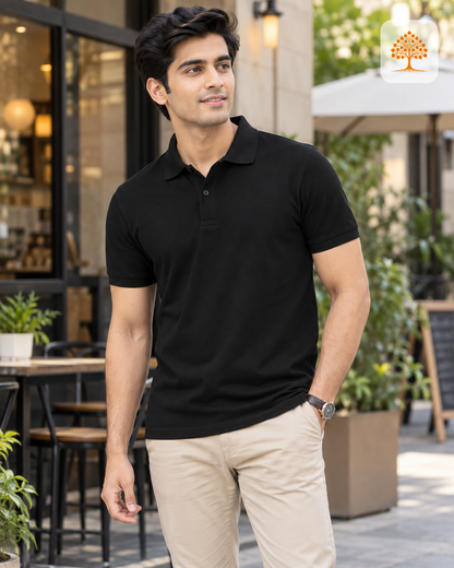 Black Plain Polo T-Shirt Male Model – Indipeepal Unisex Solid Polo India