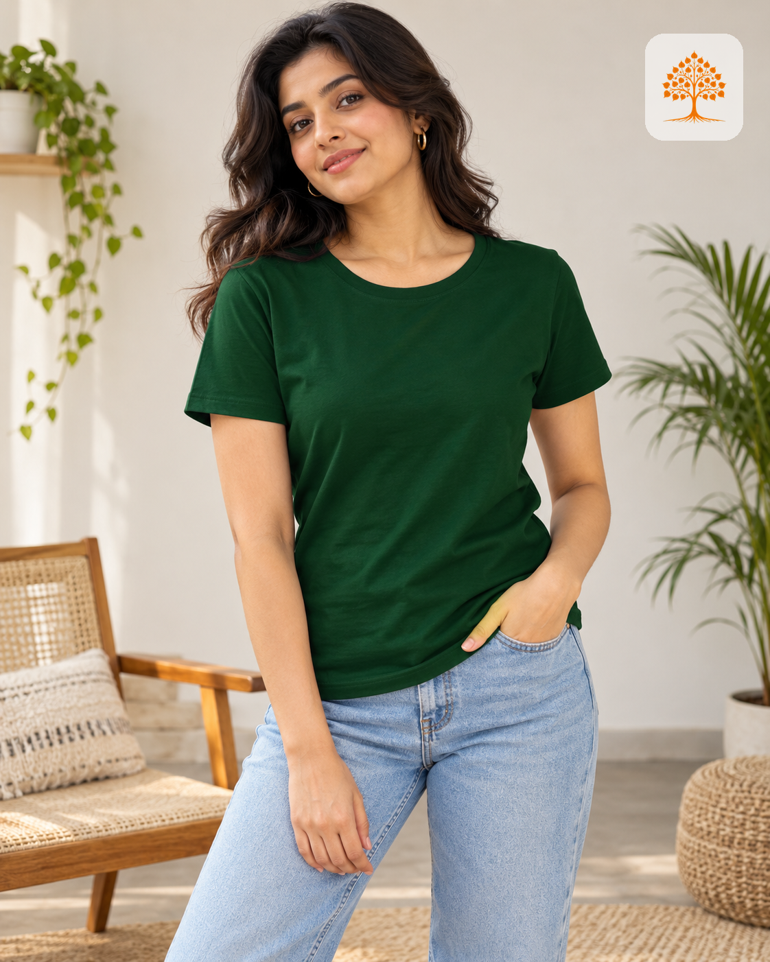 Bottle Green Women's Classic Crew T-Shirt Female Model – Indipeepal 100% Cotton India