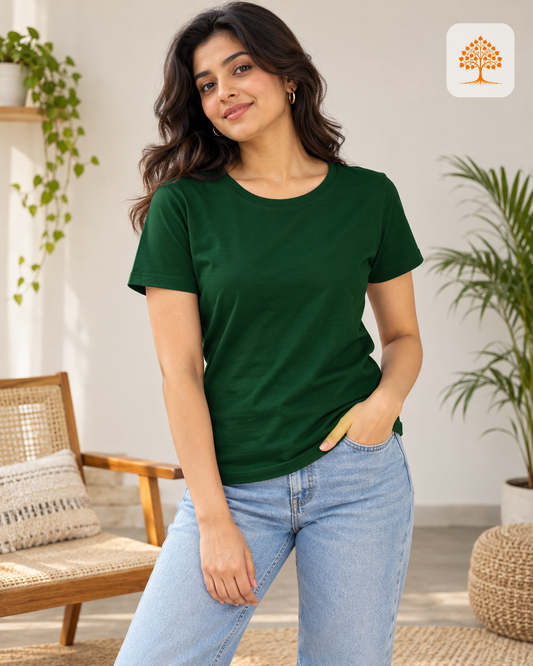 Bottle Green Women's Classic Crew T-Shirt Female Model – Indipeepal 100% Cotton India