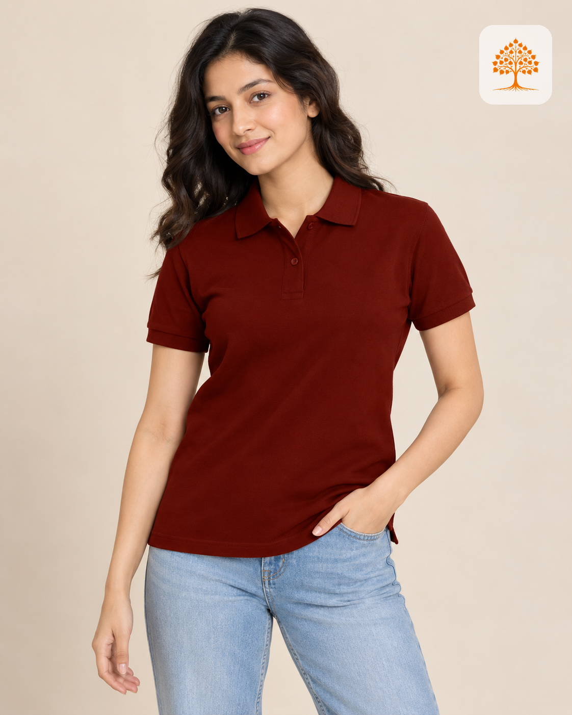 Brick Red Plain Polo T-Shirt Female Model – Indipeepal Unisex Solid Polo India