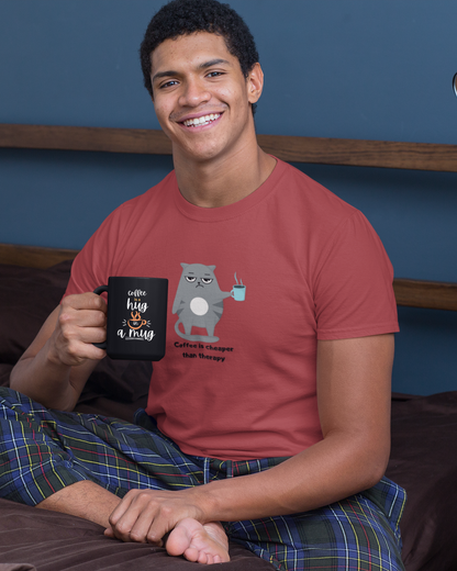 Coral round neck T-shirt with Coffee Therapy graphic design for coffee lovers