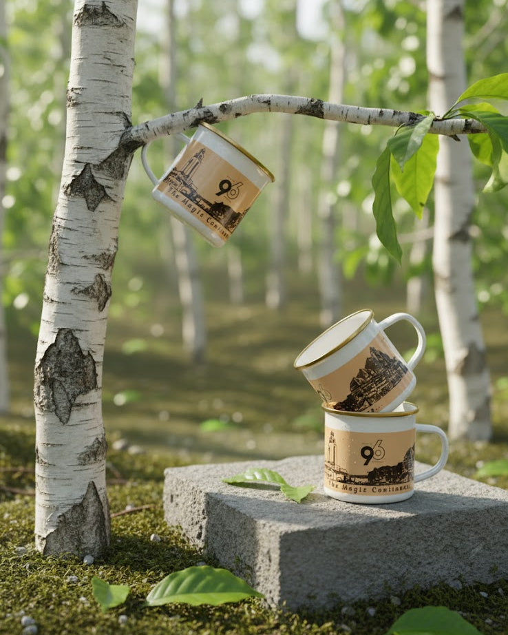 Two ceramic mugs with nature-themed design on a stone slab surrounded by trees and greenery.