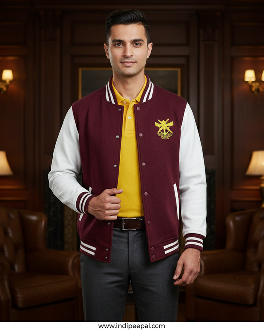 Man wearing a maroon and white varsity jacket with a yellow shirt in an elegant room.