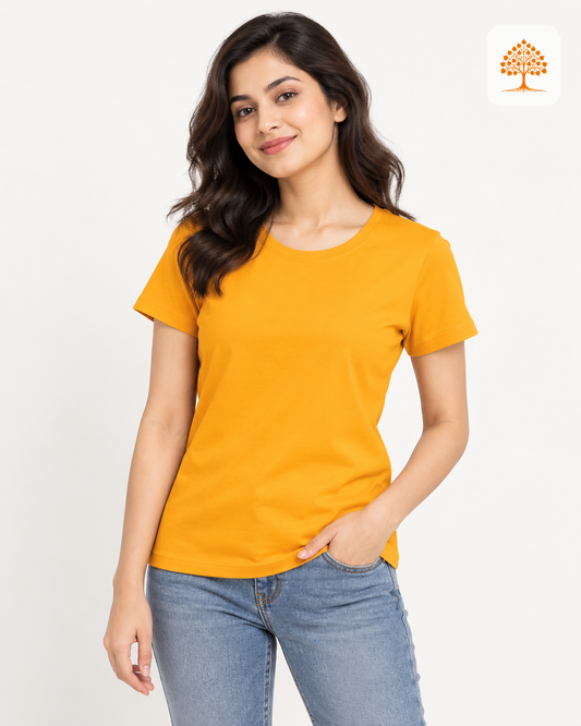 Golden Yellow Women's Classic Crew T-Shirt Female Model – Indipeepal 100% Cotton India