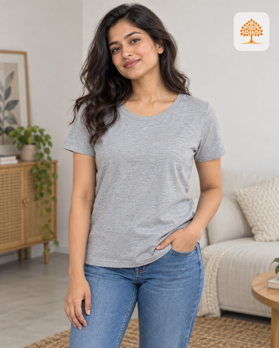 Grey Melange Women's Classic Crew T-Shirt Female Model – Indipeepal 100% Cotton India