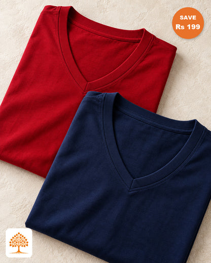 The Bold Stack – Red + Royal Blue | V-Neck Bundle | Save ₹199