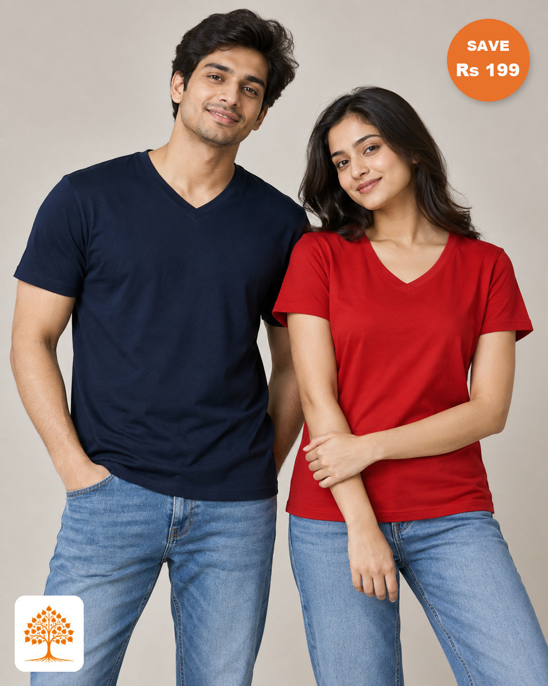 His & Hers – Colour | Navy Blue + Red V-Neck Bundle | Save ₹199