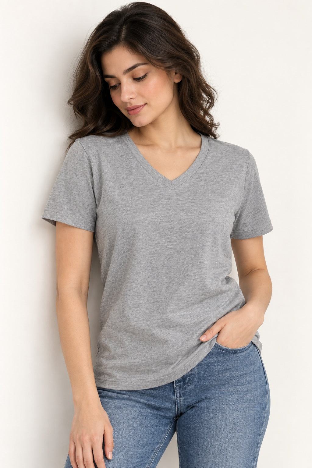 Grey Melange V-Neck T-Shirt – Plain Solid | 100% Cotton | Unisex | Indipeepal