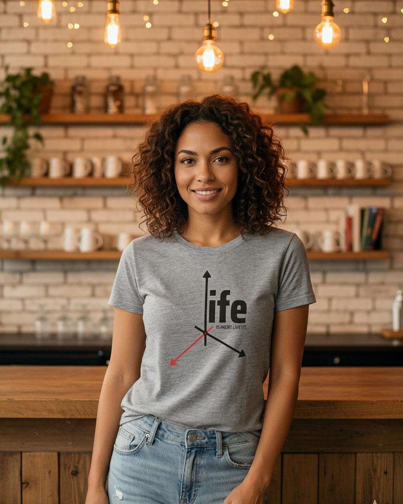 Woman wearing a melange gray t-shirt with 'ife' design in an urban setting