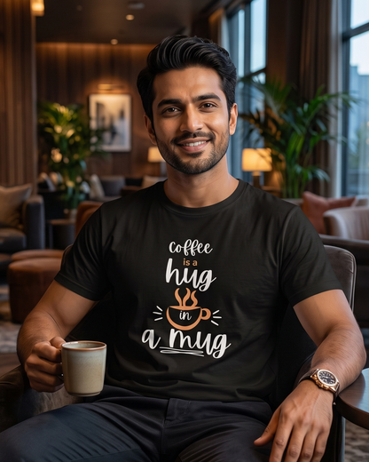 A man sitting in a modern lounge setting wearing a black graphic t-shirt with the text 'coffee is a hug in a mug' and holding a coffee mug.