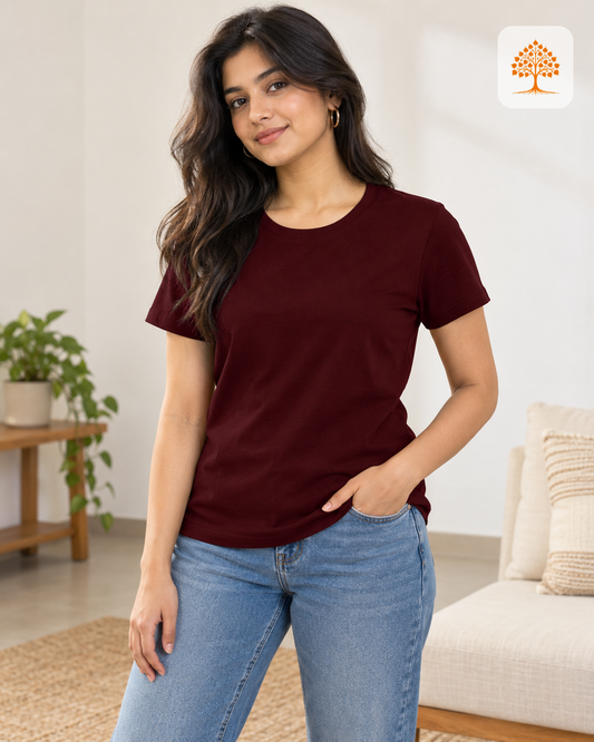 Maroon Women's Classic Crew T-Shirt Female Model – Indipeepal 100% Cotton India
