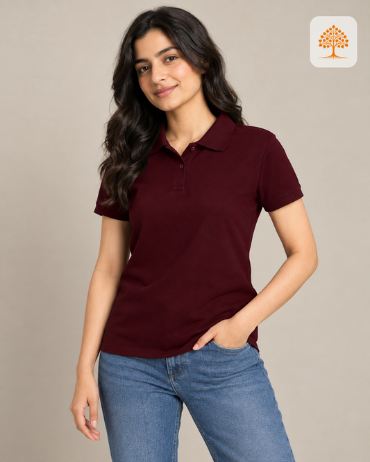 Maroon Plain Polo T-Shirt Female Model – Indipeepal Unisex Solid Polo India