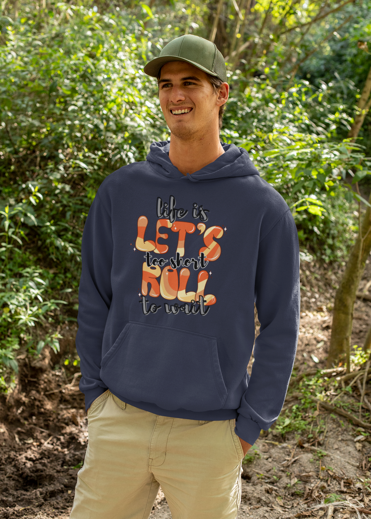 Let's Roll quirky unisex hoodie in navy blue and mustard – printed sweatshirt | Indipeepal