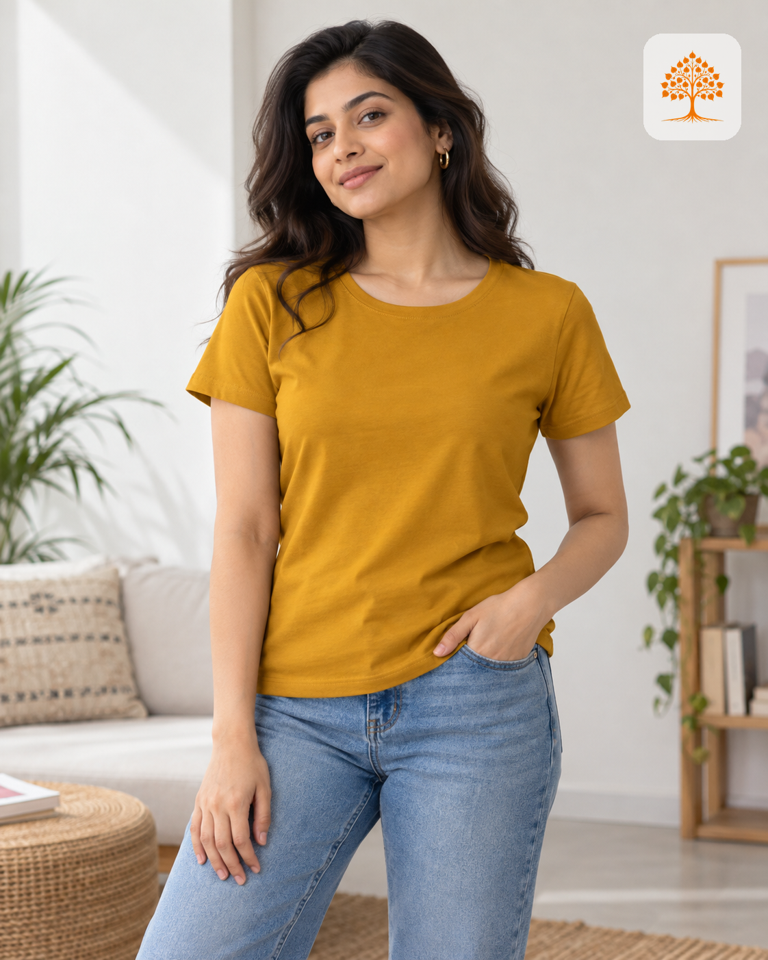 Mustard Yellow Women's Classic Crew T-Shirt Female Model – Indipeepal 100% Cotton India