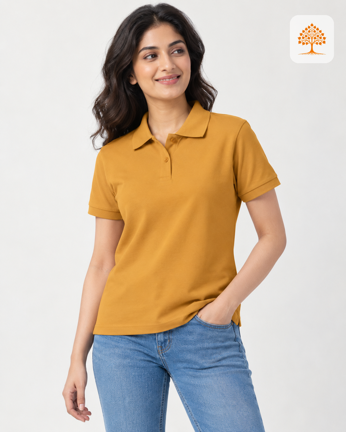 Mustard Yellow Plain Polo T-Shirt Female Model – Indipeepal Unisex Solid Polo India